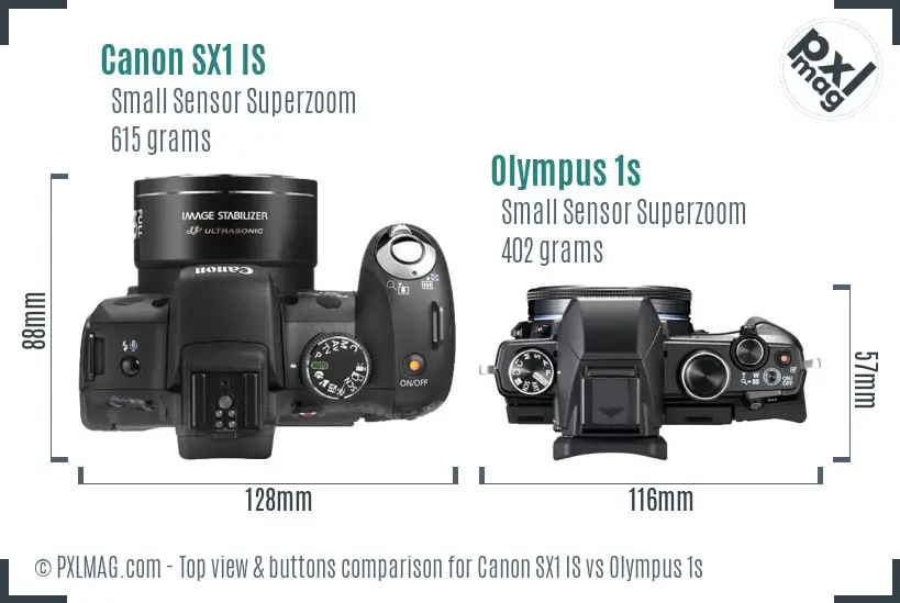 Canon SX1 IS vs Olympus 1s top view buttons comparison Canon SX1 IS vs Olympus 1s top view buttons comparison