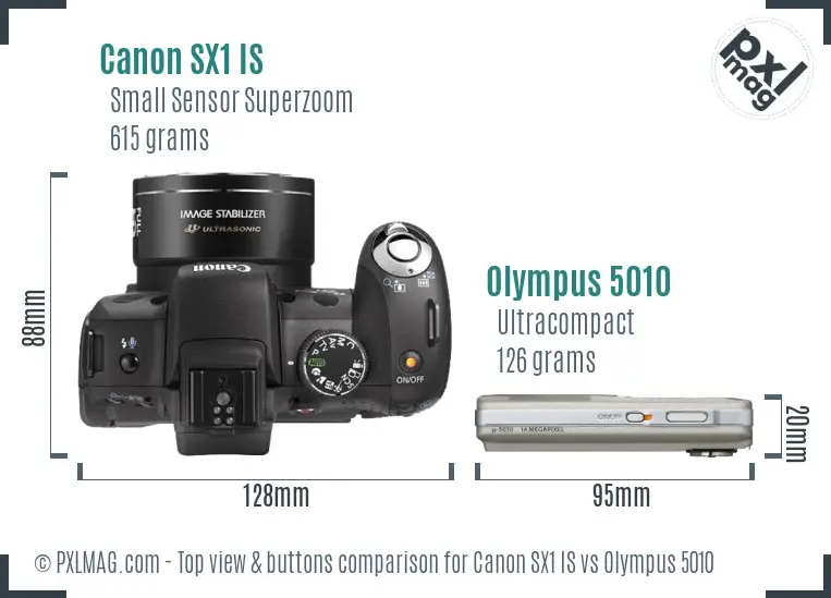Canon SX1 IS vs Olympus 5010 top view buttons comparison