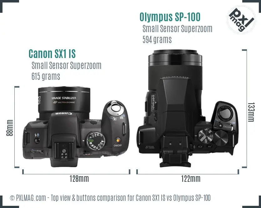 Canon SX1 IS vs Olympus SP-100 top view buttons comparison