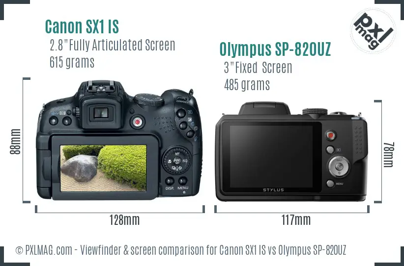 Canon SX1 IS vs Olympus SP-820UZ Screen and Viewfinder comparison