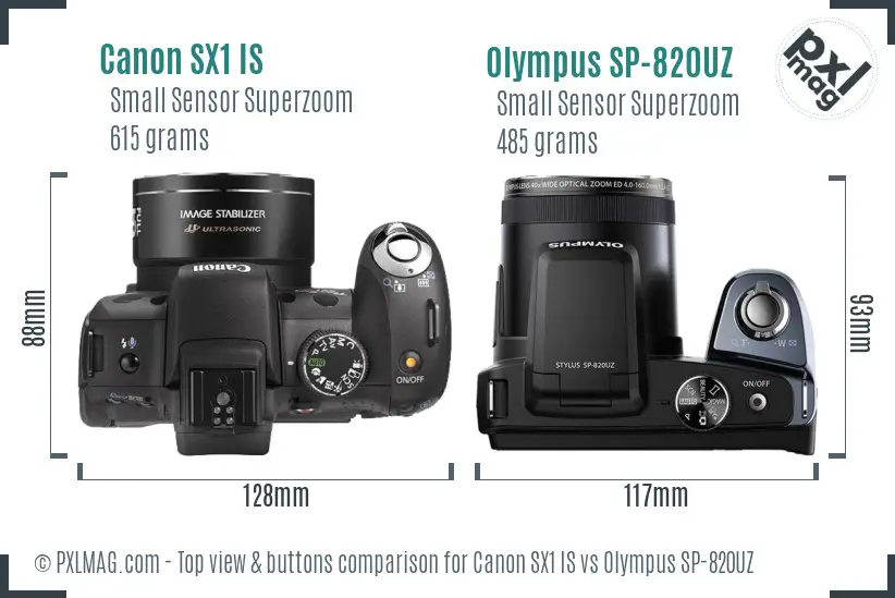 Canon SX1 IS vs Olympus SP-820UZ top view buttons comparison