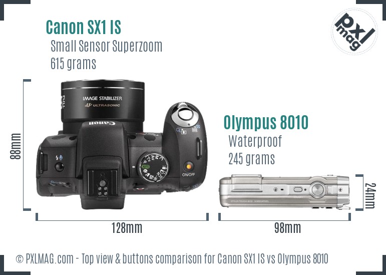 Canon SX1 IS vs Olympus 8010 top view buttons comparison