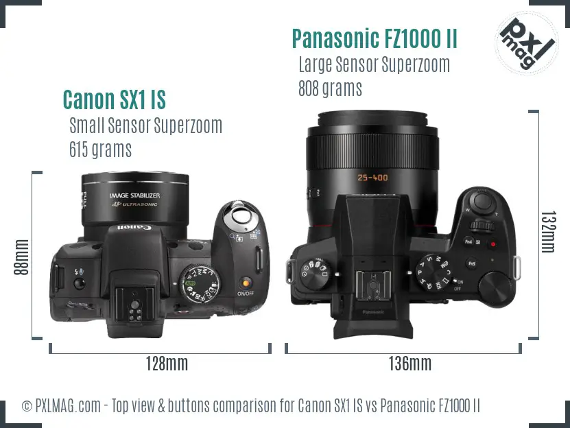 Canon SX1 IS vs Panasonic FZ1000 II top view buttons comparison