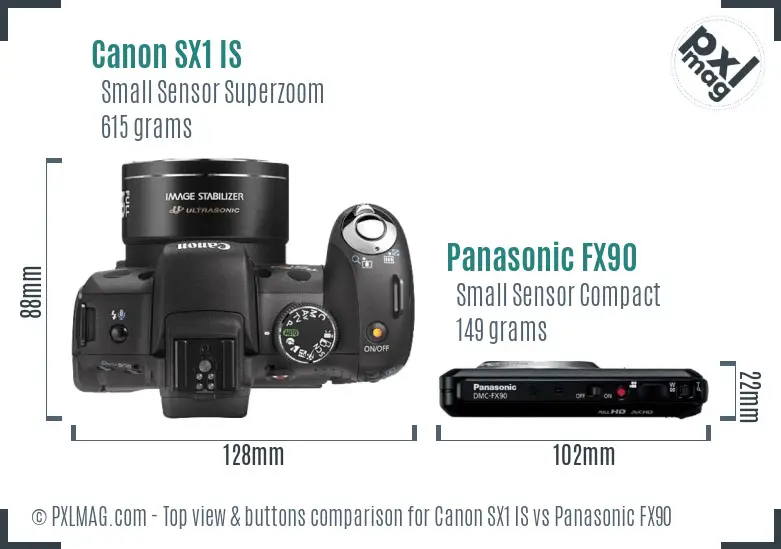 Canon SX1 IS vs Panasonic FX90 top view buttons comparison