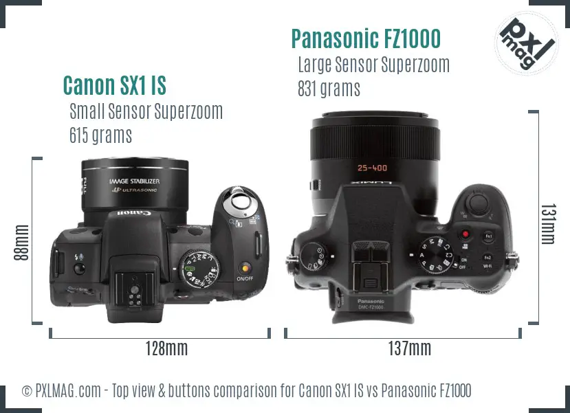 Canon SX1 IS vs Panasonic FZ1000 top view buttons comparison