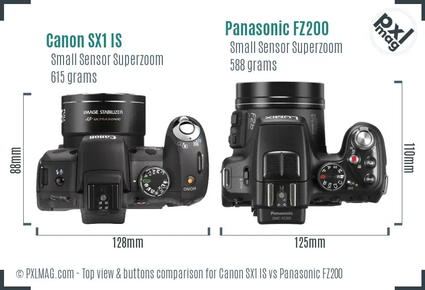 Canon SX1 IS vs Panasonic FZ200 top view buttons comparison