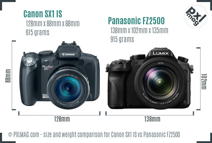 Canon SX1 IS vs Panasonic FZ2500 size comparison Canon SX1 IS vs Panasonic FZ2500 size comparison