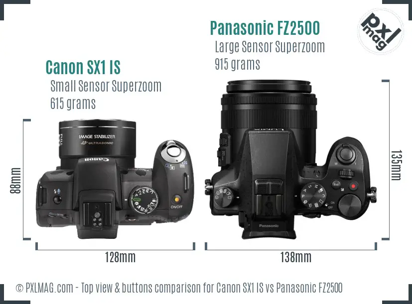 Canon SX1 IS vs Panasonic FZ2500 top view buttons comparison