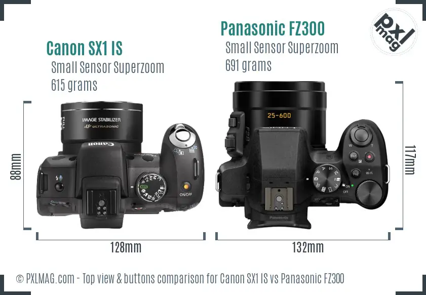 Canon SX1 IS vs Panasonic FZ300 top view buttons comparison