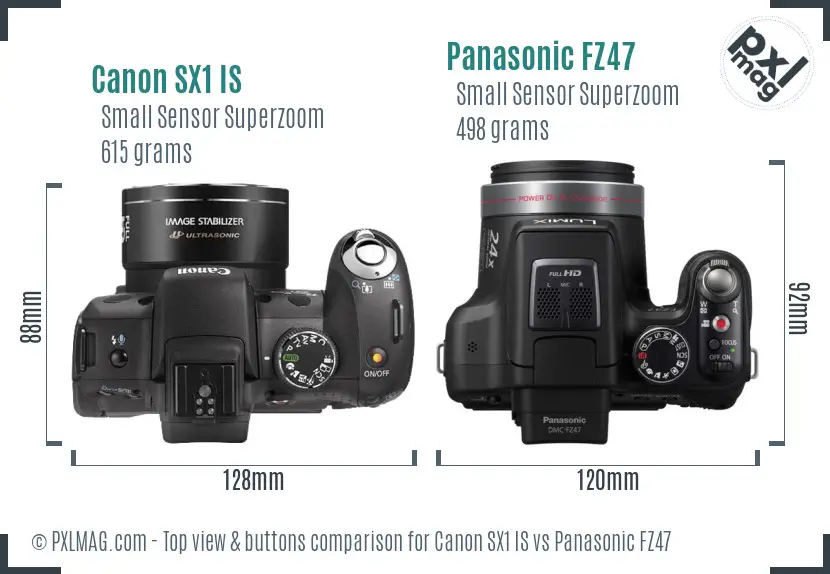 Canon SX1 IS vs Panasonic FZ47 top view buttons comparison
