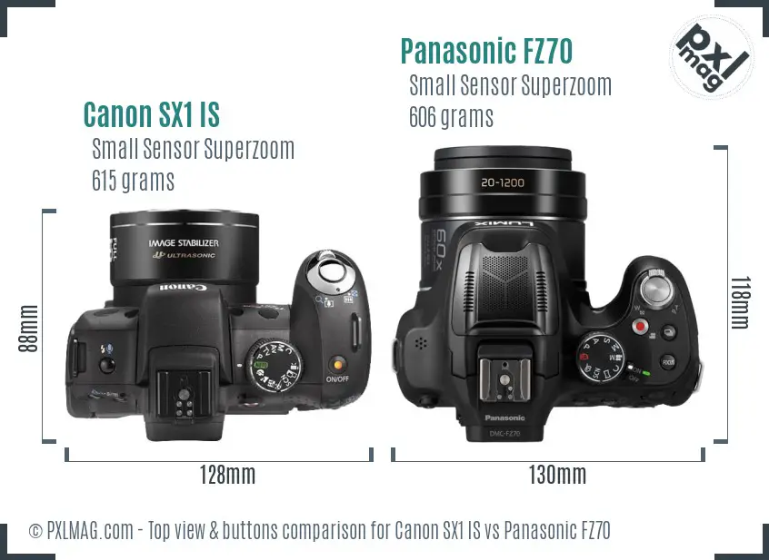 Canon SX1 IS vs Panasonic FZ70 top view buttons comparison