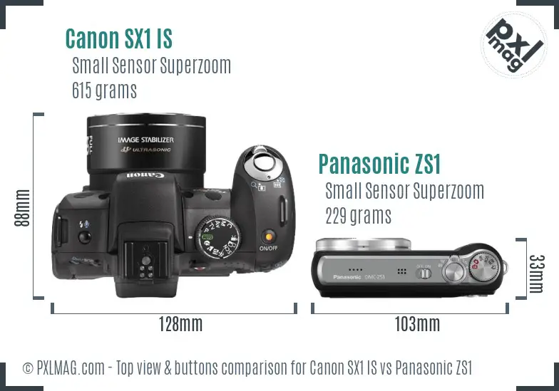 Canon SX1 IS vs Panasonic ZS1 top view buttons comparison