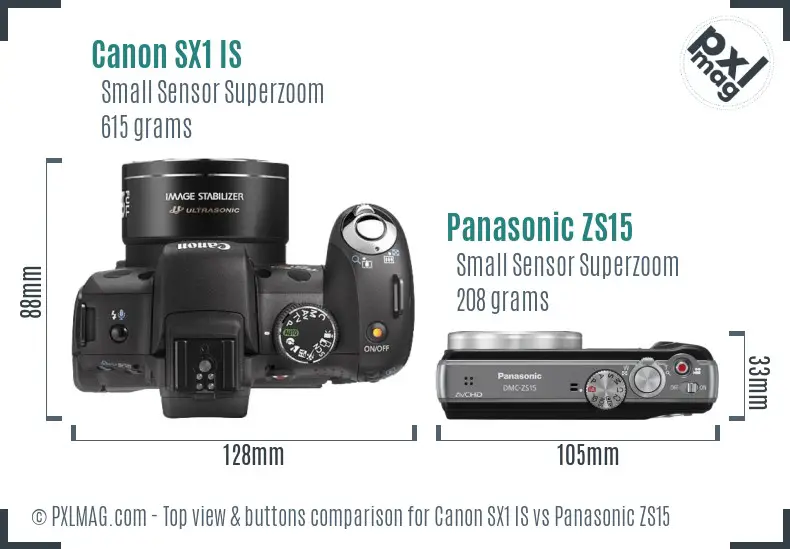 Canon SX1 IS vs Panasonic ZS15 top view buttons comparison