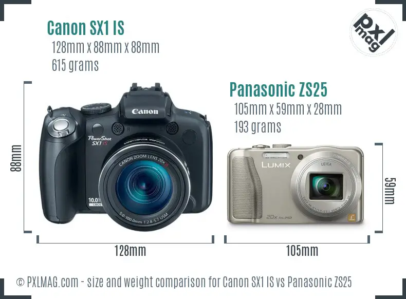 Canon SX1 IS vs Panasonic ZS25 size comparison