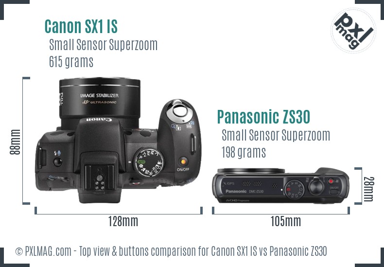 Canon SX1 IS vs Panasonic ZS30 top view buttons comparison