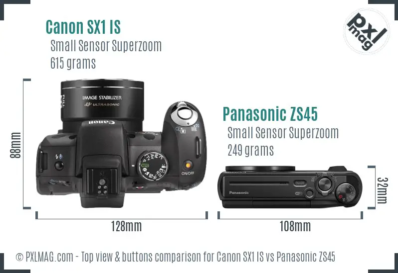 Canon SX1 IS vs Panasonic ZS45 top view buttons comparison