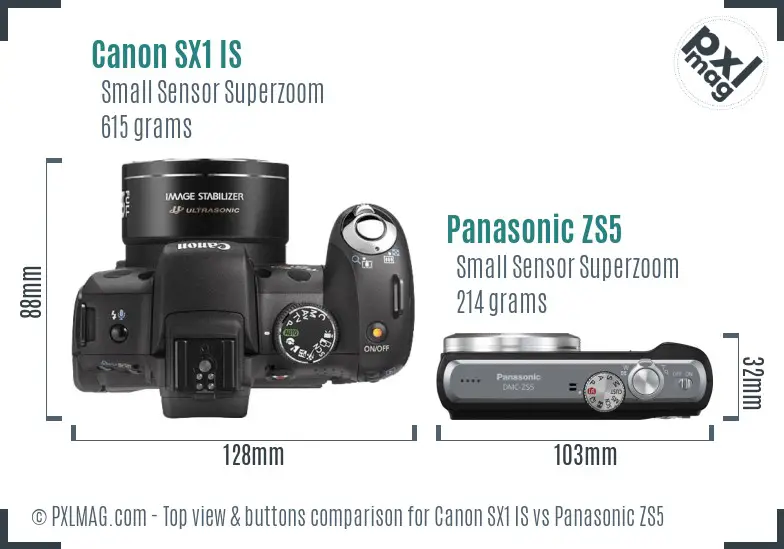 Canon SX1 IS vs Panasonic ZS5 top view buttons comparison Canon SX1 IS vs Panasonic ZS5 top view buttons comparison