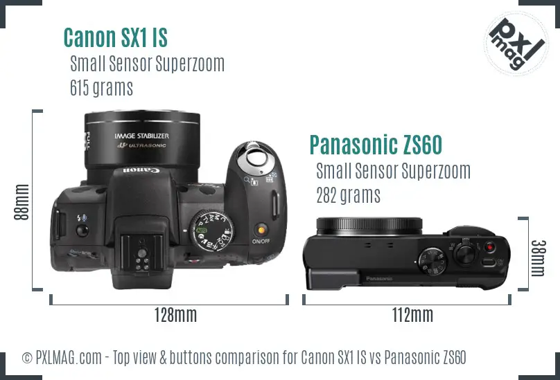 Canon SX1 IS vs Panasonic ZS60 top view buttons comparison
