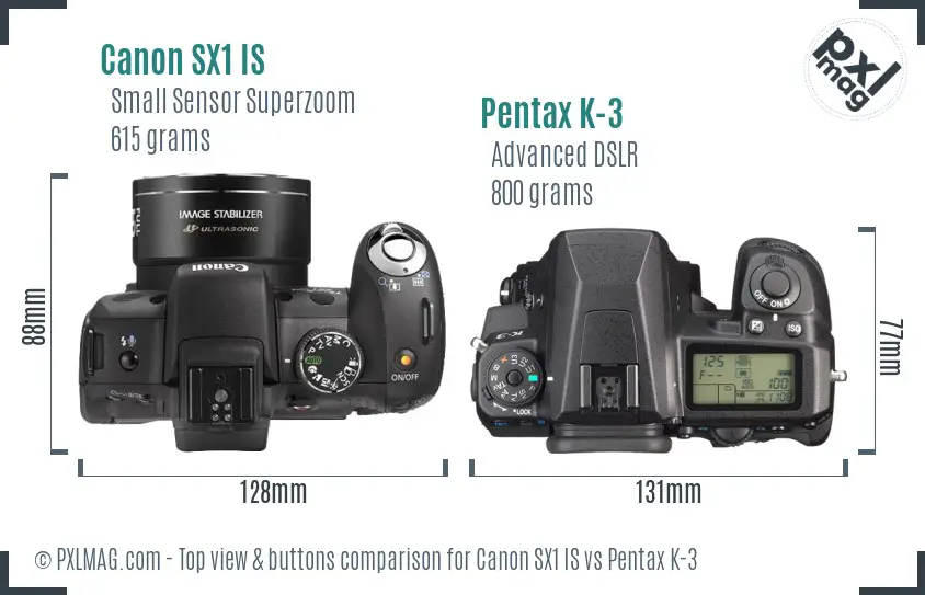 Canon SX1 IS vs Pentax K-3 top view buttons comparison