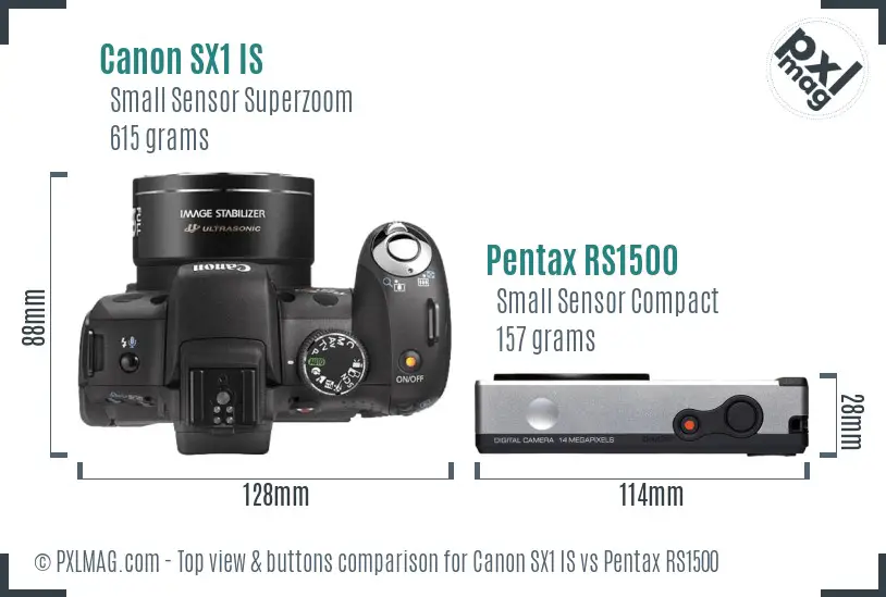 Canon SX1 IS vs Pentax RS1500 top view buttons comparison