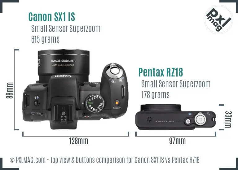 Canon SX1 IS vs Pentax RZ18 top view buttons comparison