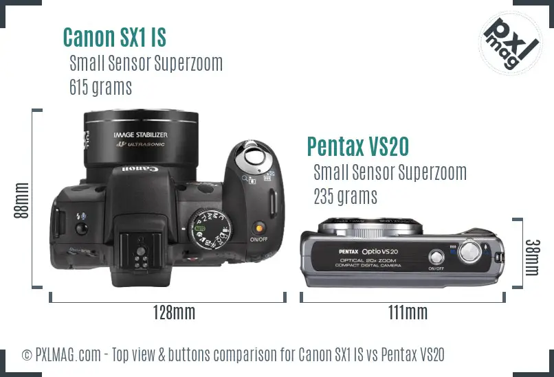 Canon SX1 IS vs Pentax VS20 top view buttons comparison
