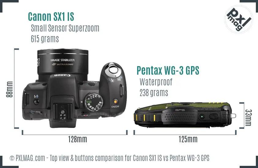 Canon SX1 IS vs Pentax WG-3 GPS top view buttons comparison