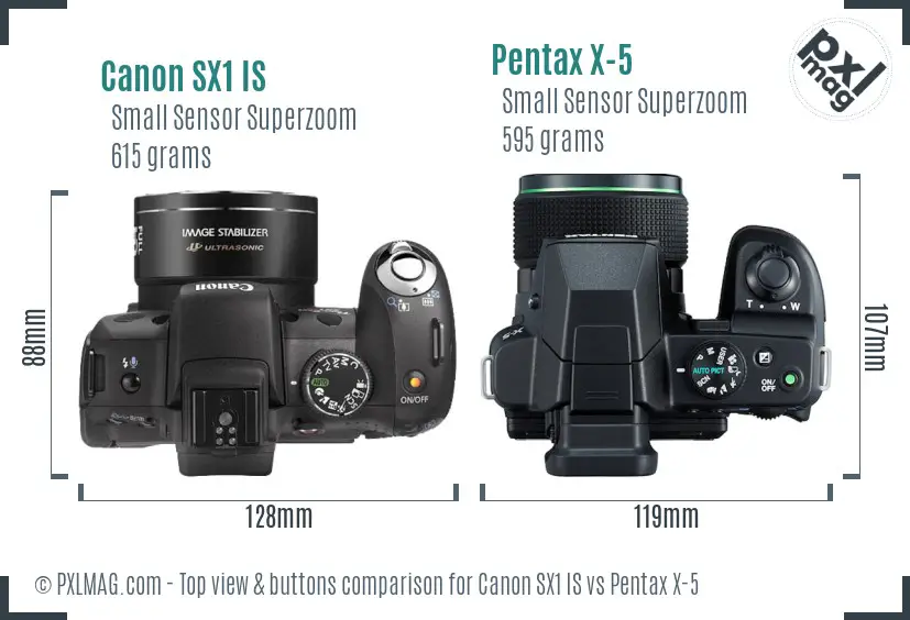 Canon SX1 IS vs Pentax X-5 top view buttons comparison Canon SX1 IS vs Pentax X-5 top view buttons comparison