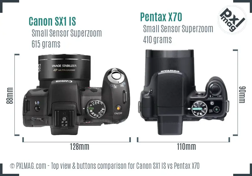 Canon SX1 IS vs Pentax X70 top view buttons comparison