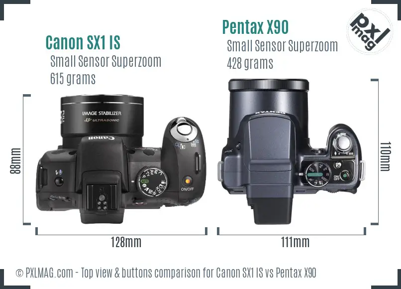 Canon SX1 IS vs Pentax X90 top view buttons comparison
