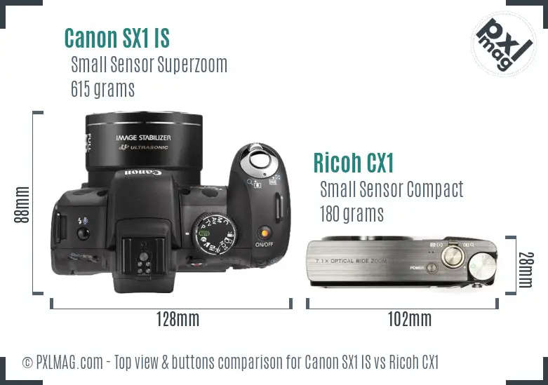 Canon SX1 IS vs Ricoh CX1 top view buttons comparison