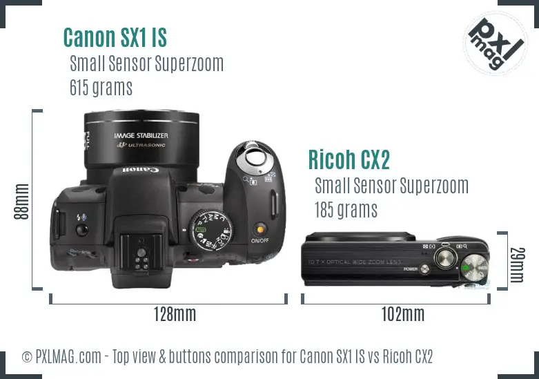 Canon SX1 IS vs Ricoh CX2 top view buttons comparison