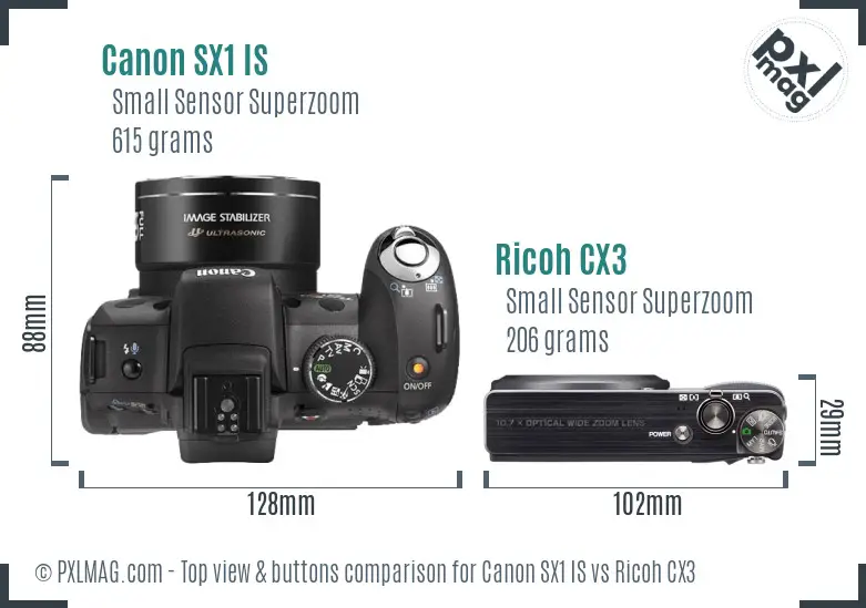 Canon SX1 IS vs Ricoh CX3 top view buttons comparison