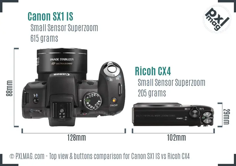 Canon SX1 IS vs Ricoh CX4 top view buttons comparison