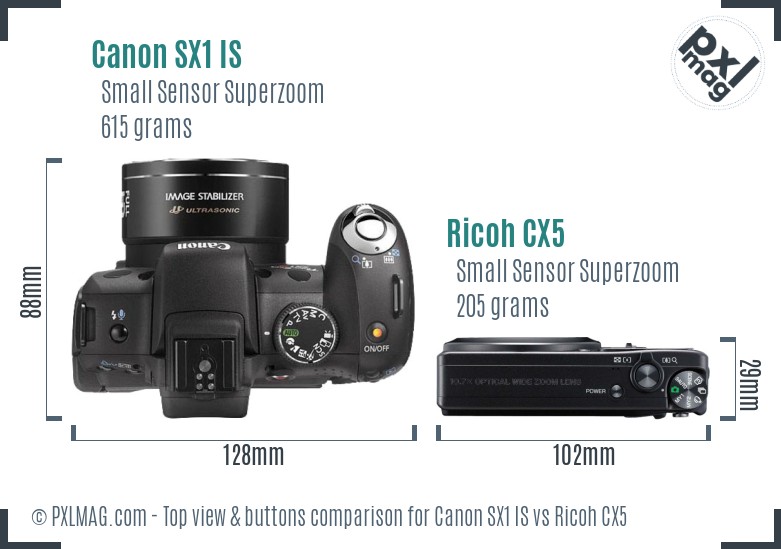 Canon SX1 IS vs Ricoh CX5 top view buttons comparison