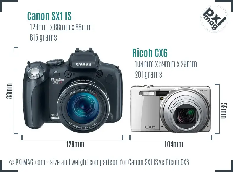 Canon SX1 IS vs Ricoh CX6 size comparison Canon SX1 IS vs Ricoh CX6 size comparison