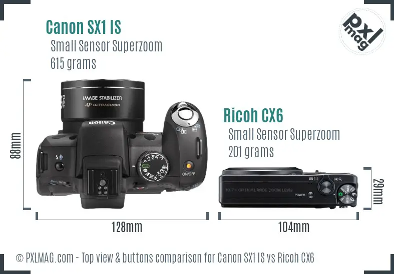 Canon SX1 IS vs Ricoh CX6 top view buttons comparison Canon SX1 IS vs Ricoh CX6 top view buttons comparison