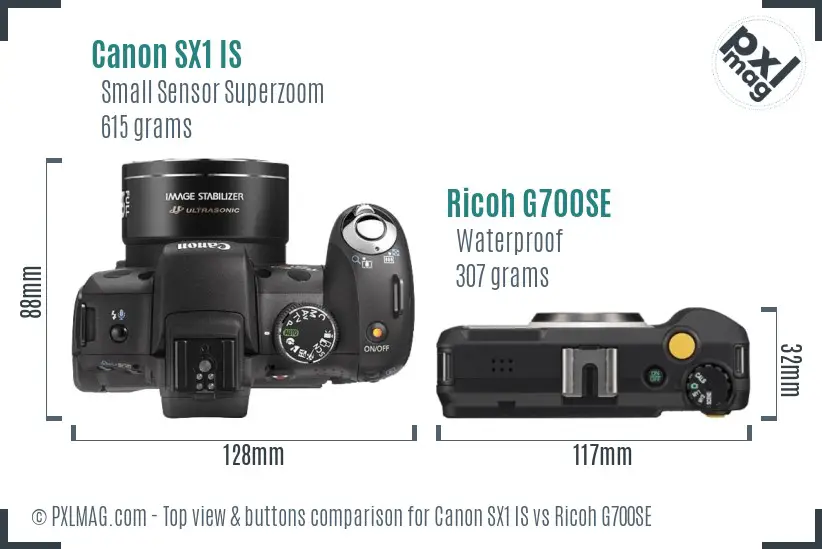 Canon SX1 IS vs Ricoh G700SE top view buttons comparison Canon SX1 IS vs Ricoh G700SE top view buttons comparison