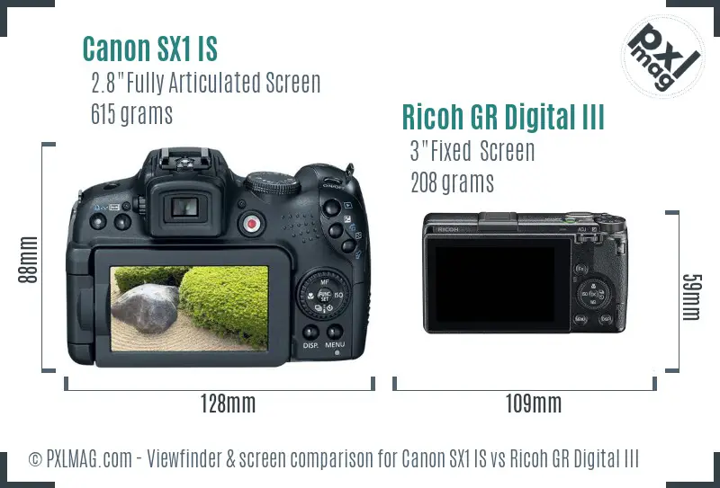 Canon SX1 IS vs Ricoh GR Digital III Screen and Viewfinder comparison