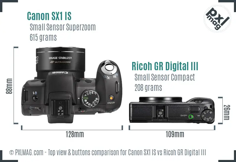 Canon SX1 IS vs Ricoh GR Digital III top view buttons comparison