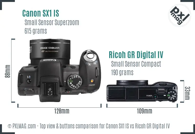 Canon SX1 IS vs Ricoh GR Digital IV top view buttons comparison