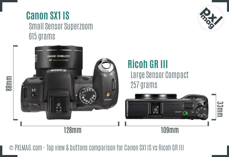 Canon SX1 IS vs Ricoh GR III top view buttons comparison