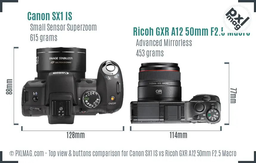 Canon SX1 IS vs Ricoh GXR A12 50mm F2.5 Macro top view buttons comparison Canon SX1 IS vs Ricoh GXR A12 50mm F2.5 Macro top view buttons comparison