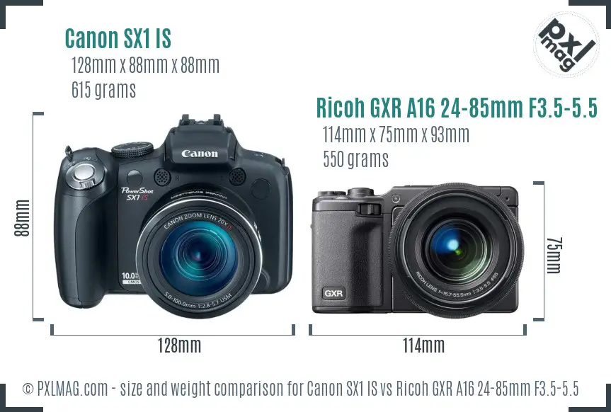 Canon SX1 IS vs Ricoh GXR A16 24-85mm F3.5-5.5 size comparison Canon SX1 IS vs Ricoh GXR A16 24-85mm F3.5-5.5 size comparison