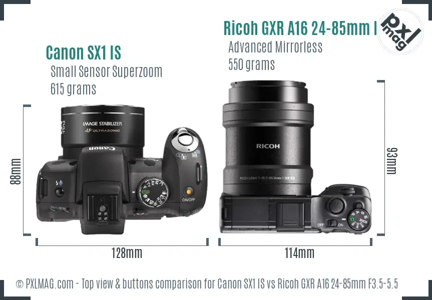 Canon SX1 IS vs Ricoh GXR A16 24-85mm F3.5-5.5 top view buttons comparison Canon SX1 IS vs Ricoh GXR A16 24-85mm F3.5-5.5 top view buttons comparison