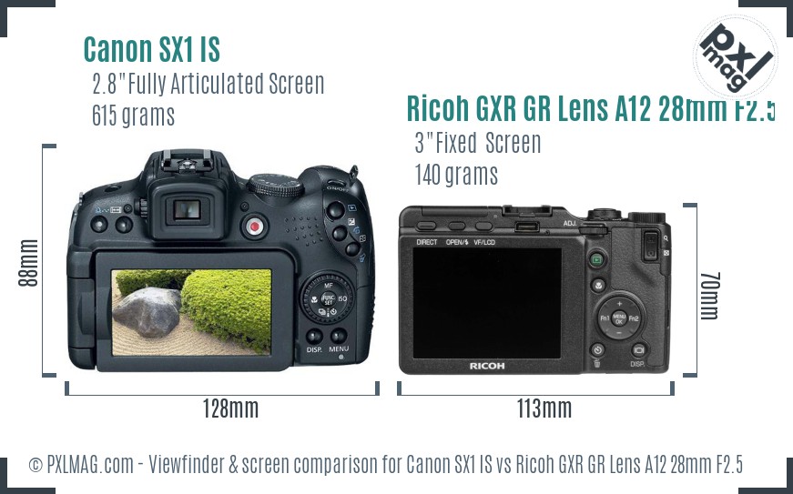 Canon SX1 IS vs Ricoh GXR GR Lens A12 28mm F2.5 Screen and Viewfinder comparison