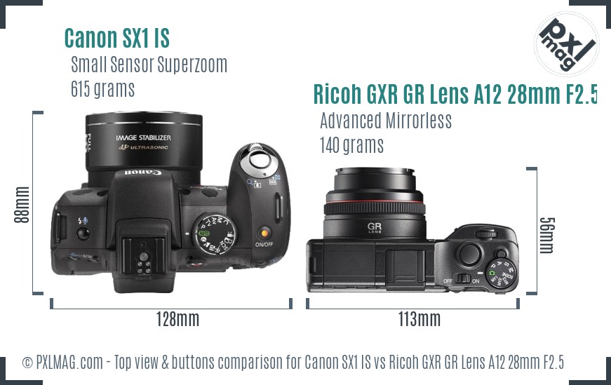 Canon SX1 IS vs Ricoh GXR GR Lens A12 28mm F2.5 top view buttons comparison