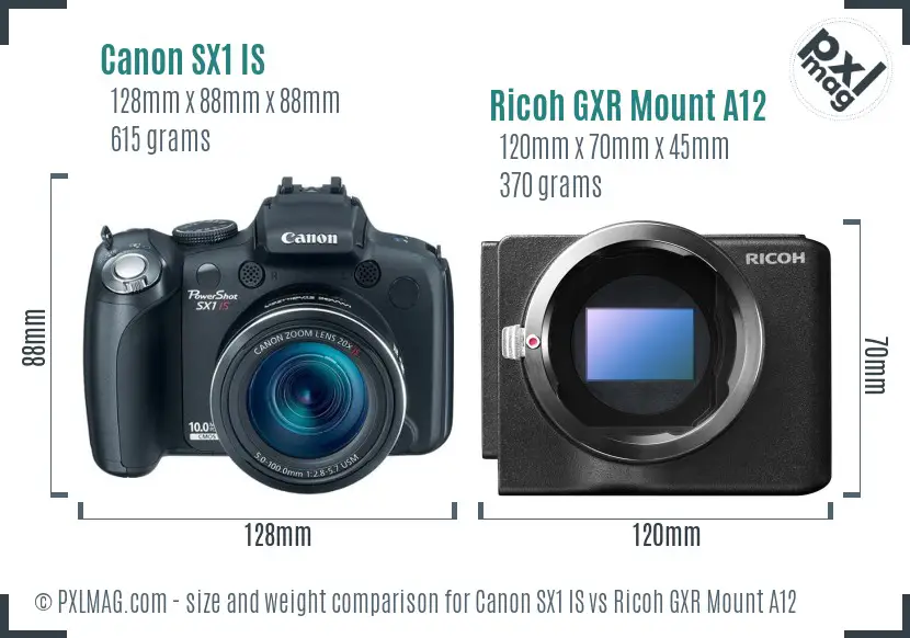 Canon SX1 IS vs Ricoh GXR Mount A12 size comparison Canon SX1 IS vs Ricoh GXR Mount A12 size comparison