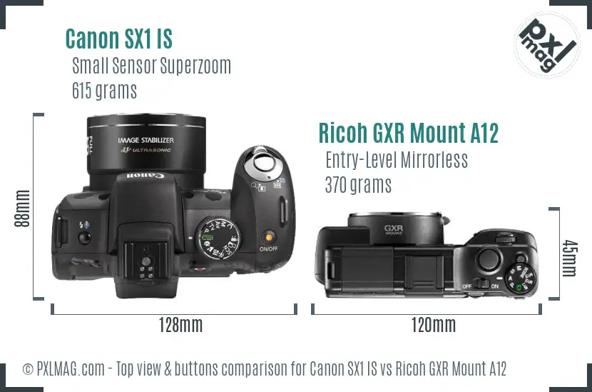 Canon SX1 IS vs Ricoh GXR Mount A12 top view buttons comparison Canon SX1 IS vs Ricoh GXR Mount A12 top view buttons comparison