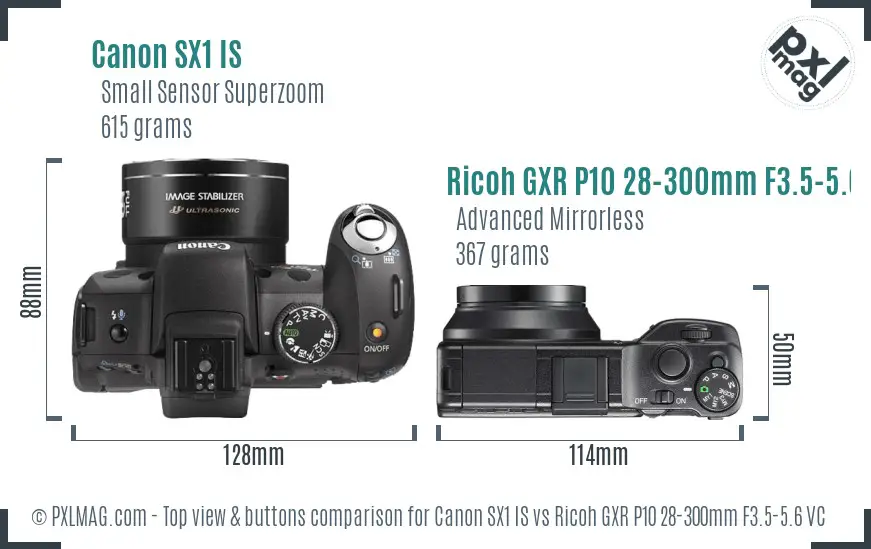 Canon SX1 IS vs Ricoh GXR P10 28-300mm F3.5-5.6 VC top view buttons comparison